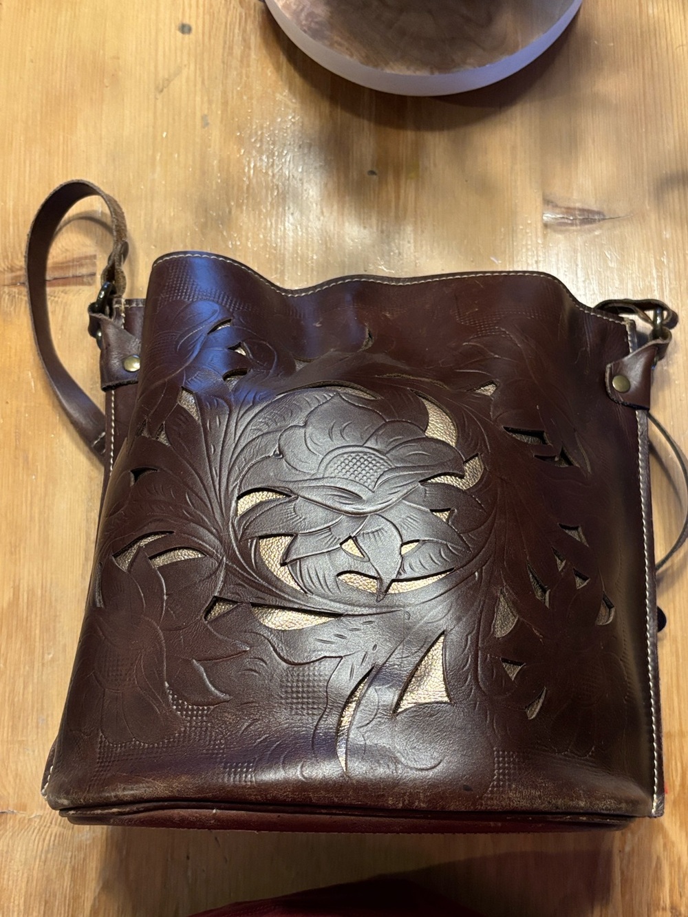 Patricia Nash Lavello Brown Tooled Leather Bucket Bag